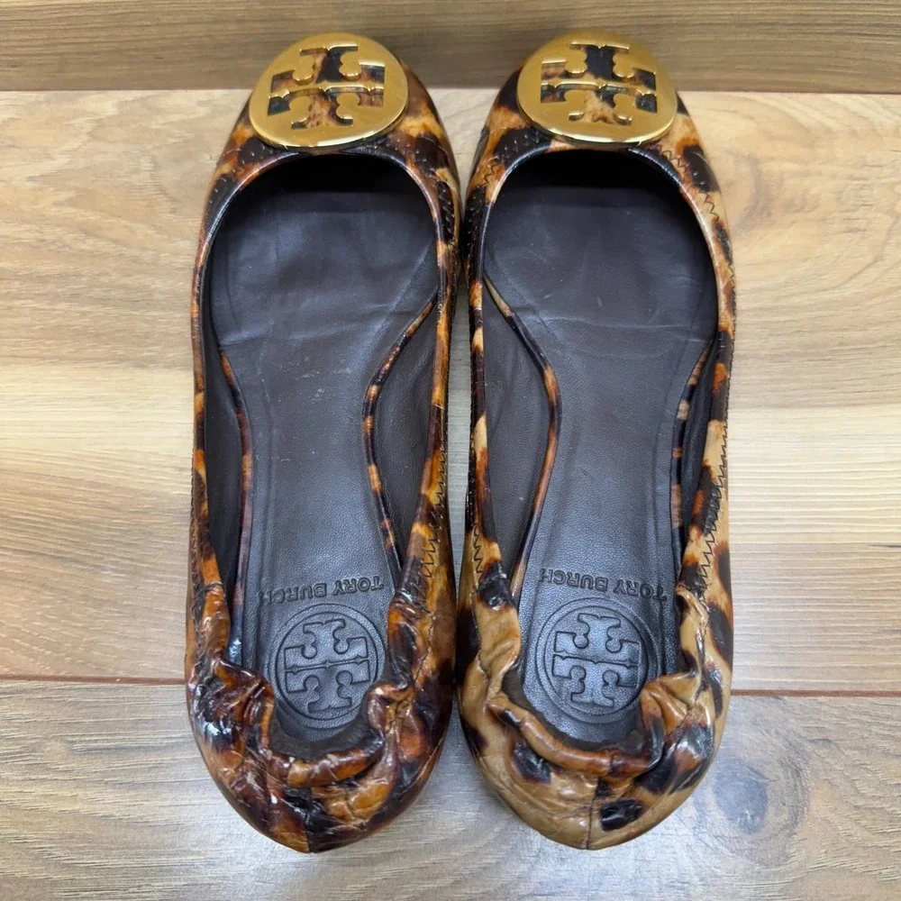 Tory Burch Womens 6 M Leopard Print Patent Leather Reva Flats Ballerinas
